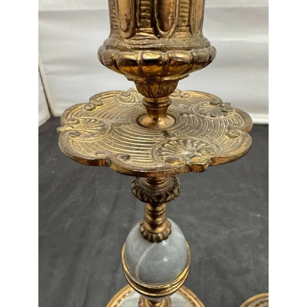 Antique Pair of 19th Century French Napoleon III Grey Marble Bronze Candlesticks